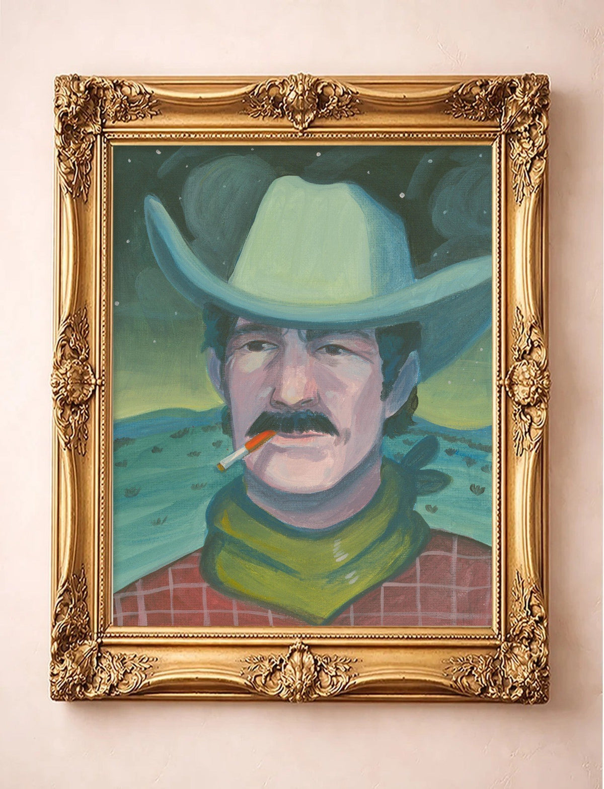 Midnight Smoker No. 2 — cowboy portrait art print by Caya Crum in a gold frame