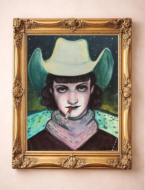 Midnight Smoker No. 3 — cowgirl portrait art print by Caya Crum in a gold frame