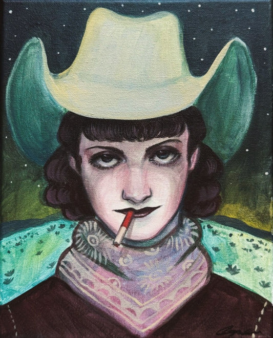 Midnight Smoker No. 3 art print by Caya Crum, cowgirl in a cream hat and lace bandana under a starry sky