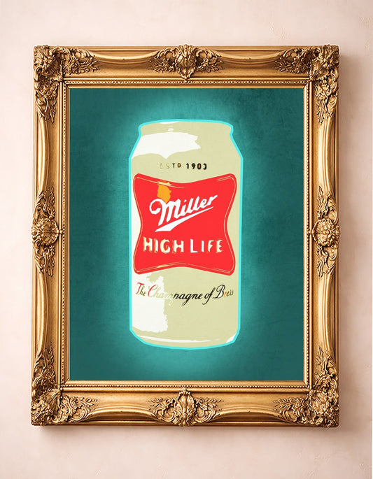 Miller High Life Print — art print by Betsy Crum in a gold frame