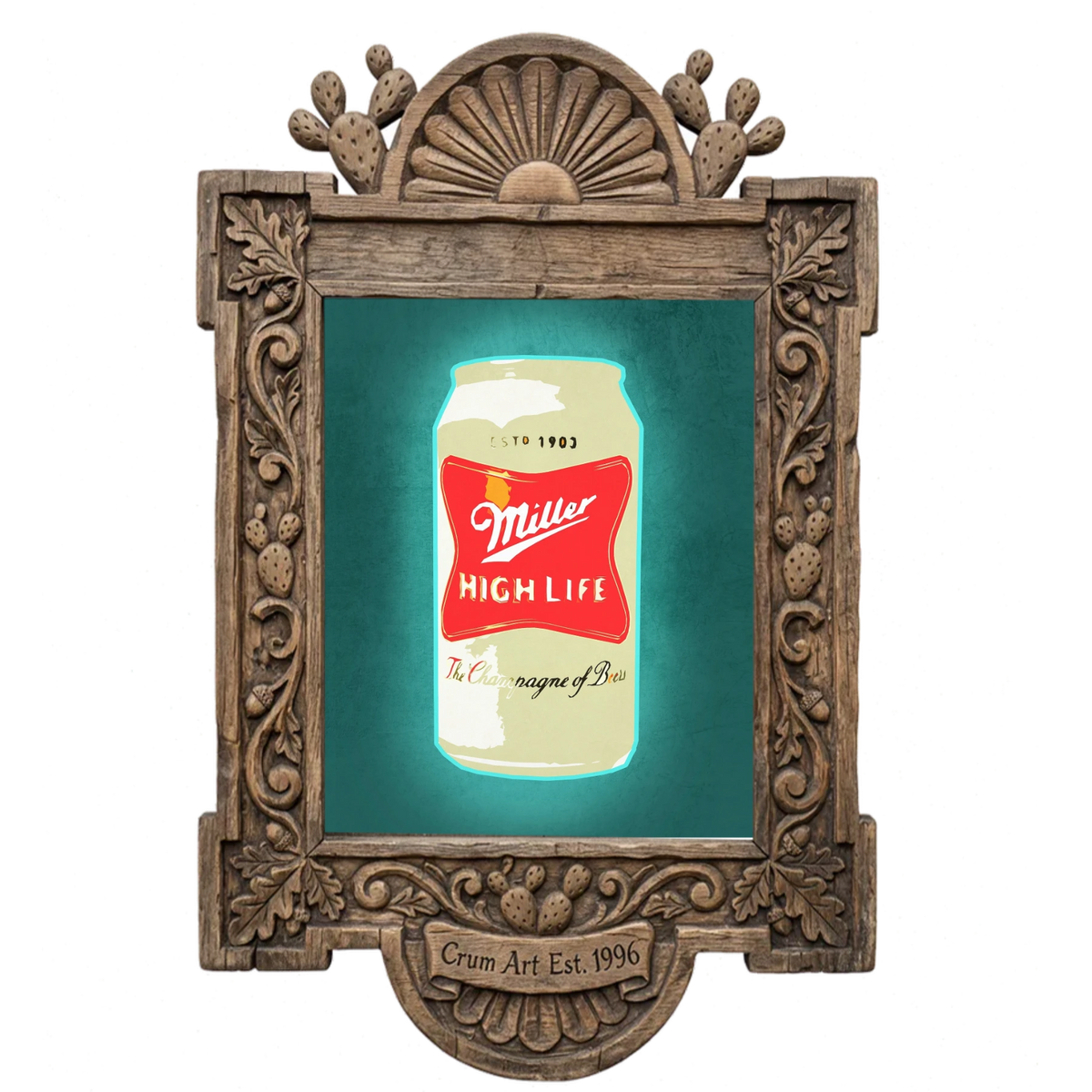 Miller High Life Print — art print by Betsy Crum in a carved wood frame
