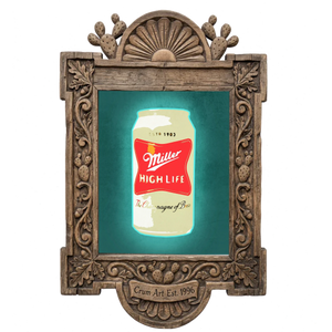 Miller High Life Print — art print by Betsy Crum in a carved wood frame