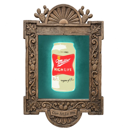 Miller High Life Print — art print by Betsy Crum in a carved wood frame