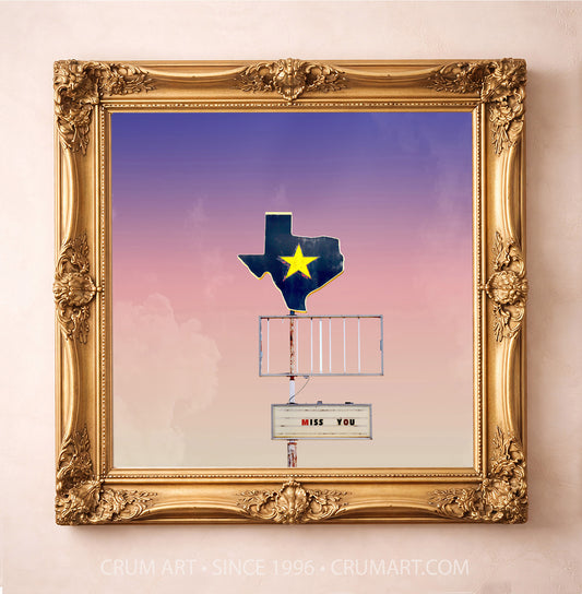 Texas Shaped Sign, Miss You — Texas art print by Betsy Crum in a square gold frame