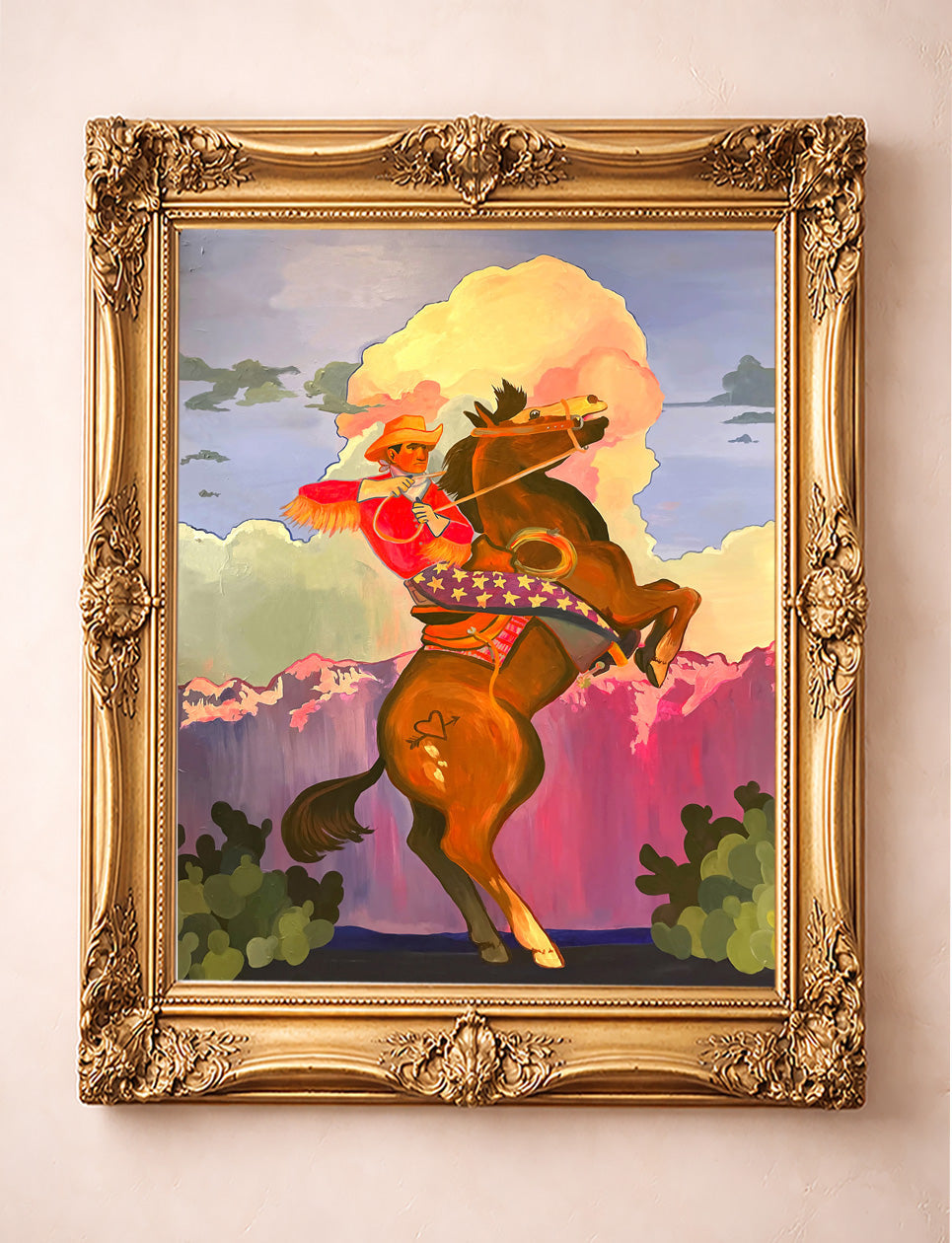 Bucking horse rainbow sky western art print by Caya Crum in a gold frame