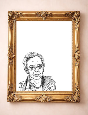Mr. Furley Print — vertical pen and ink art print by Betsy Crum in a gold frame