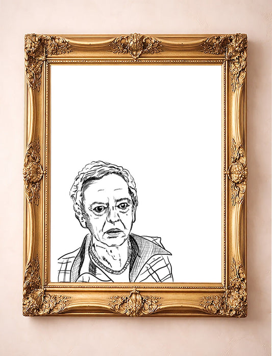 Mr. Furley Print — vertical pen and ink art print by Betsy Crum in a gold frame