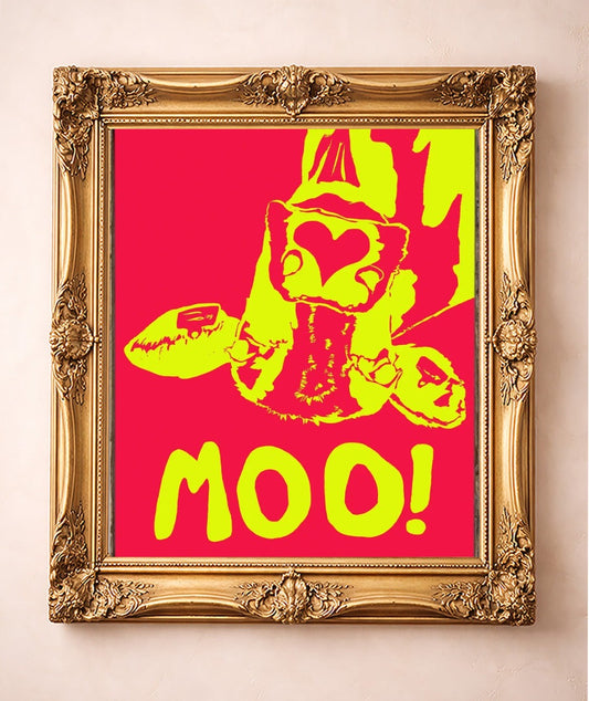The Judy's Moo Cassette Red & Yellow — art print by Betsy Crum in a gold frame