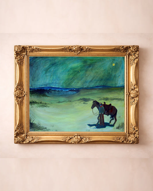 Night Drive Cowboy western art print by Caya Crum in a gold frame