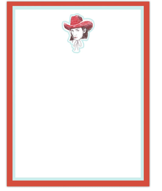 Smoking Cowgirl blank notepad with red border by Caya Crum for Crum Art