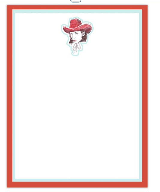 Smoking Cowgirl blank notepad with red border by Caya Crum for Crum Art