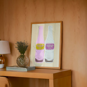 NuGrape Soda kitchen art print by Betsy Crum — framed in a wood-accent room