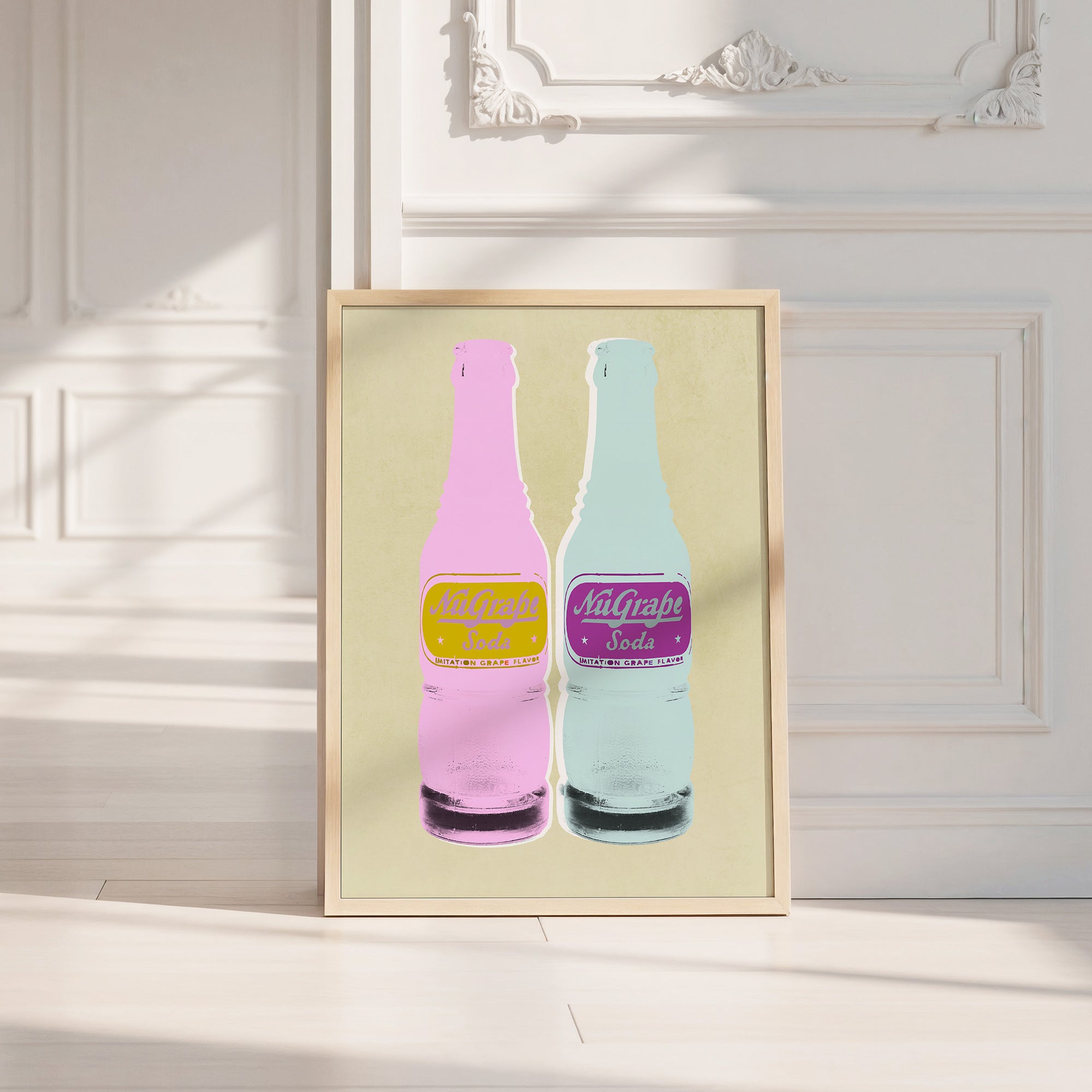 NuGrape Soda kitchen art print by Betsy Crum — neutral frame room mockup