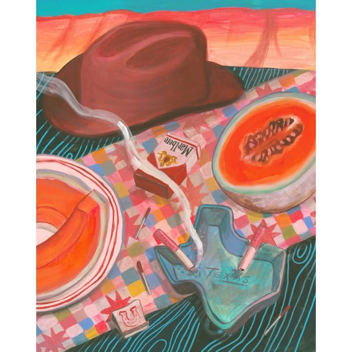 Cantaloupe, Cowboy Hat, and Cigarettes original painting by Caya Crum — a still life on a patterned tablecloth, 16 x 20 inches