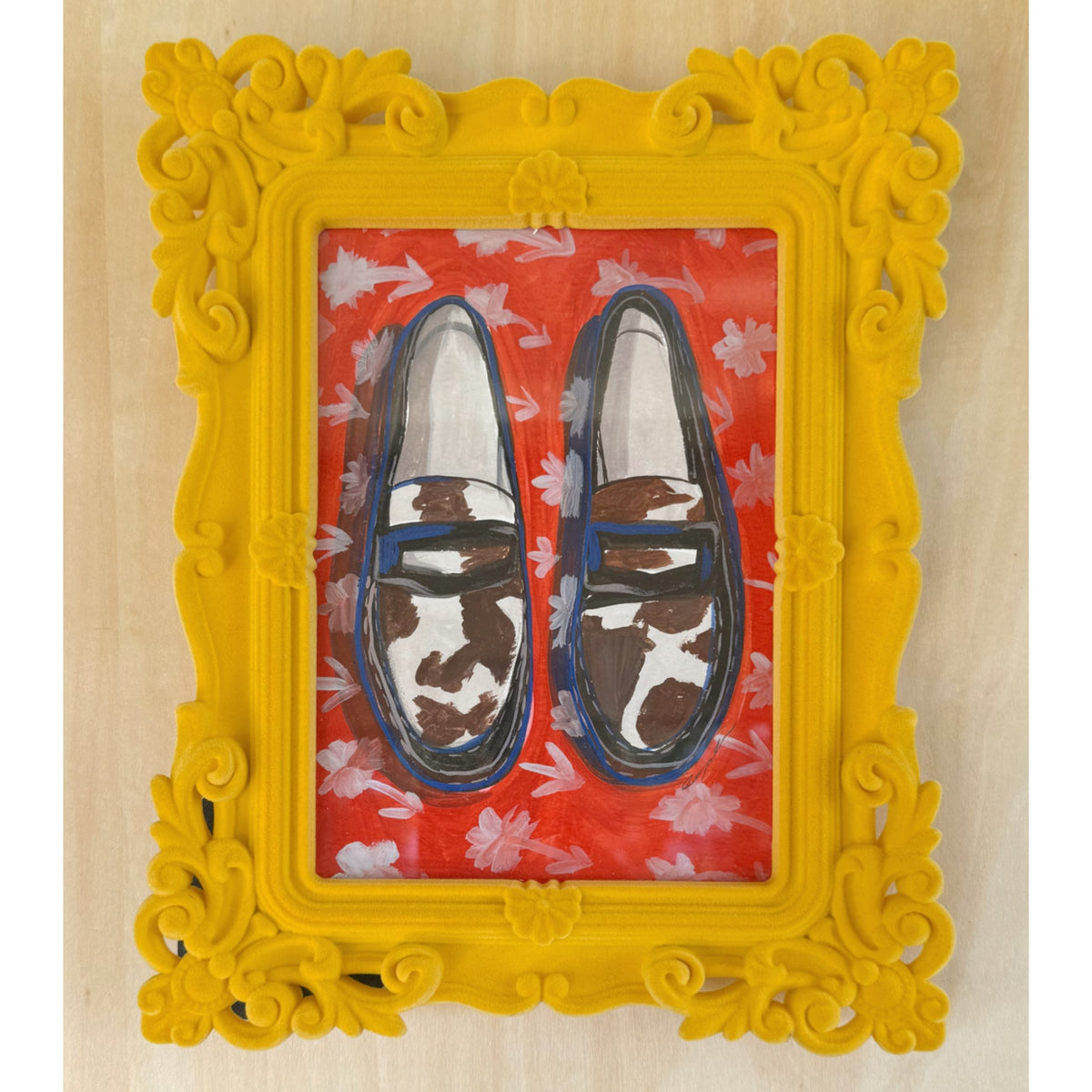 Cow Print Loafers, original 5 x 7 painting by Caya Crum in a yellow flocked velvet frame