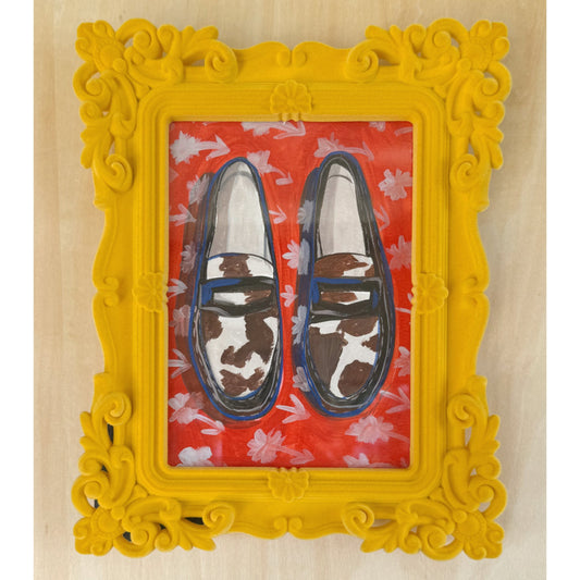 Cow Print Loafers, original 5 x 7 painting by Caya Crum in a yellow flocked velvet frame