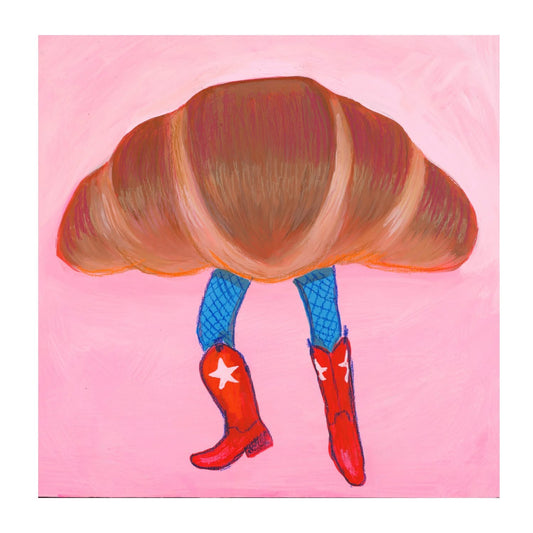 Croissant Cowgirl No. 1 original painting by Caya Crum — a croissant in red cowboy boots on pink, 5 x 5 inches
