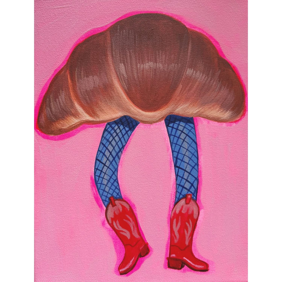 Croissant Cowgirl No. 2 original painting by Caya Crum — a croissant in blue-patterned tights and cowboy boots on pink, 9 x 12 inches