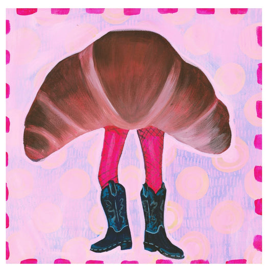 Croissant Cowgirl No. 3 original painting by Caya Crum — a croissant in cowboy boots on pink, 12 x 12 inches