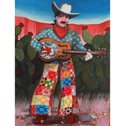 Desert Serenade original painting by Caya Crum — a cowboy with a guitar in a quilt-patterned shirt against the desert, 18 x 24 inches