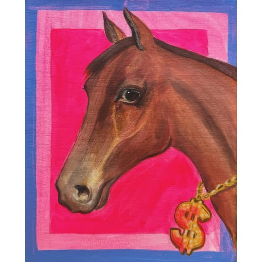 Dollar Days original painting by Caya Crum — a bay horse portrait on a pink and purple ground, 8 x 10 inches