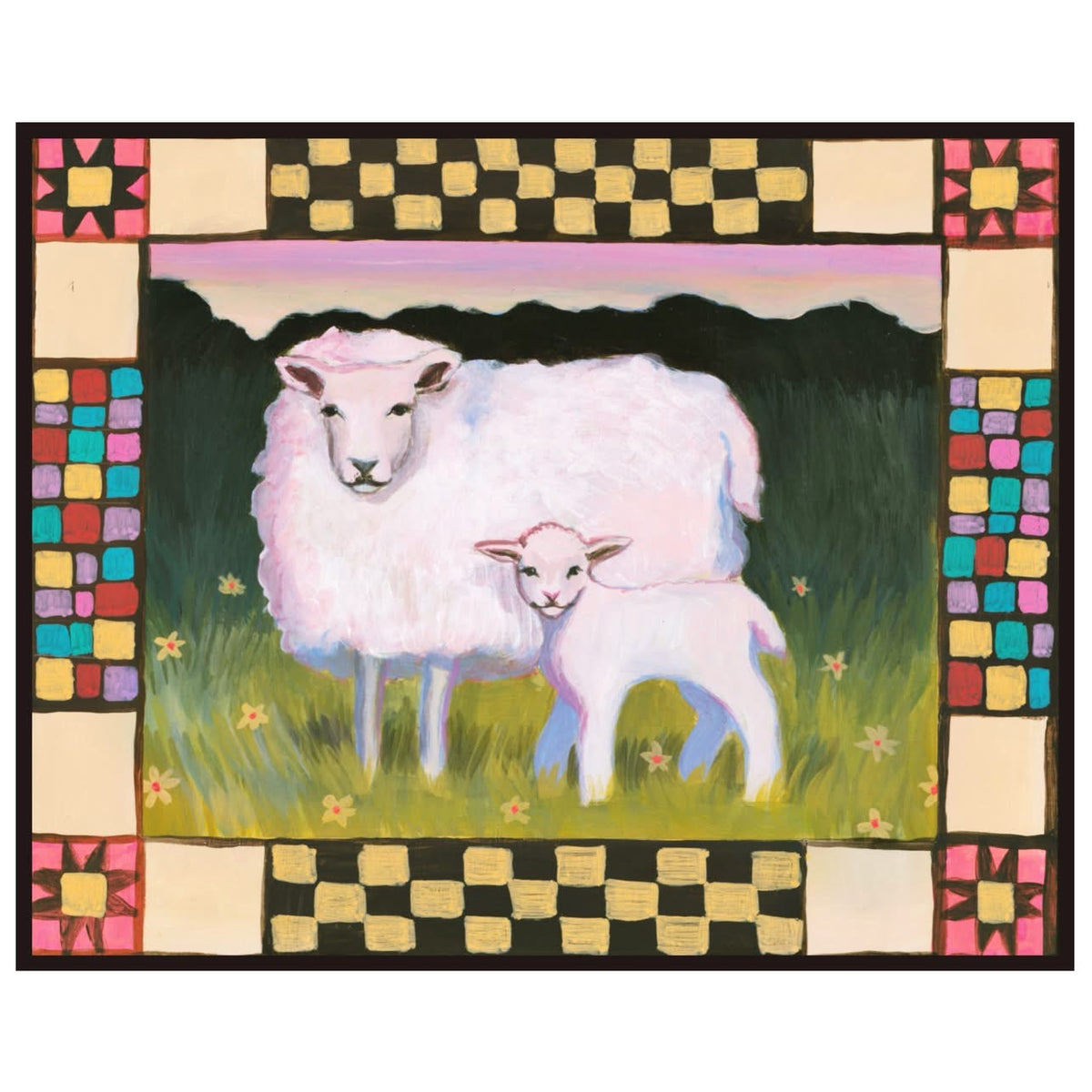 Dream of Sheep original painting by Caya Crum — a ewe and lamb on a checkerboard floor with a red-checked border, 8 x 10 inches