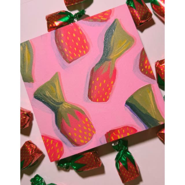 Grandma Candy original painting by Caya Crum — strawberry candies on pink, 5 x 5 inches
