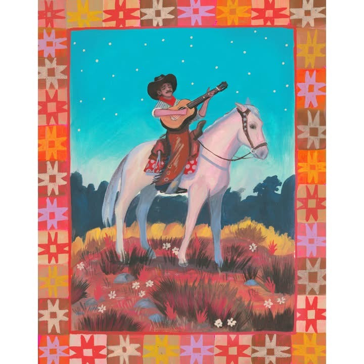 I've Told Every Little Star original painting by Caya Crum — a cowgirl on a white horse playing guitar under a big sky, 11 x 14 inches