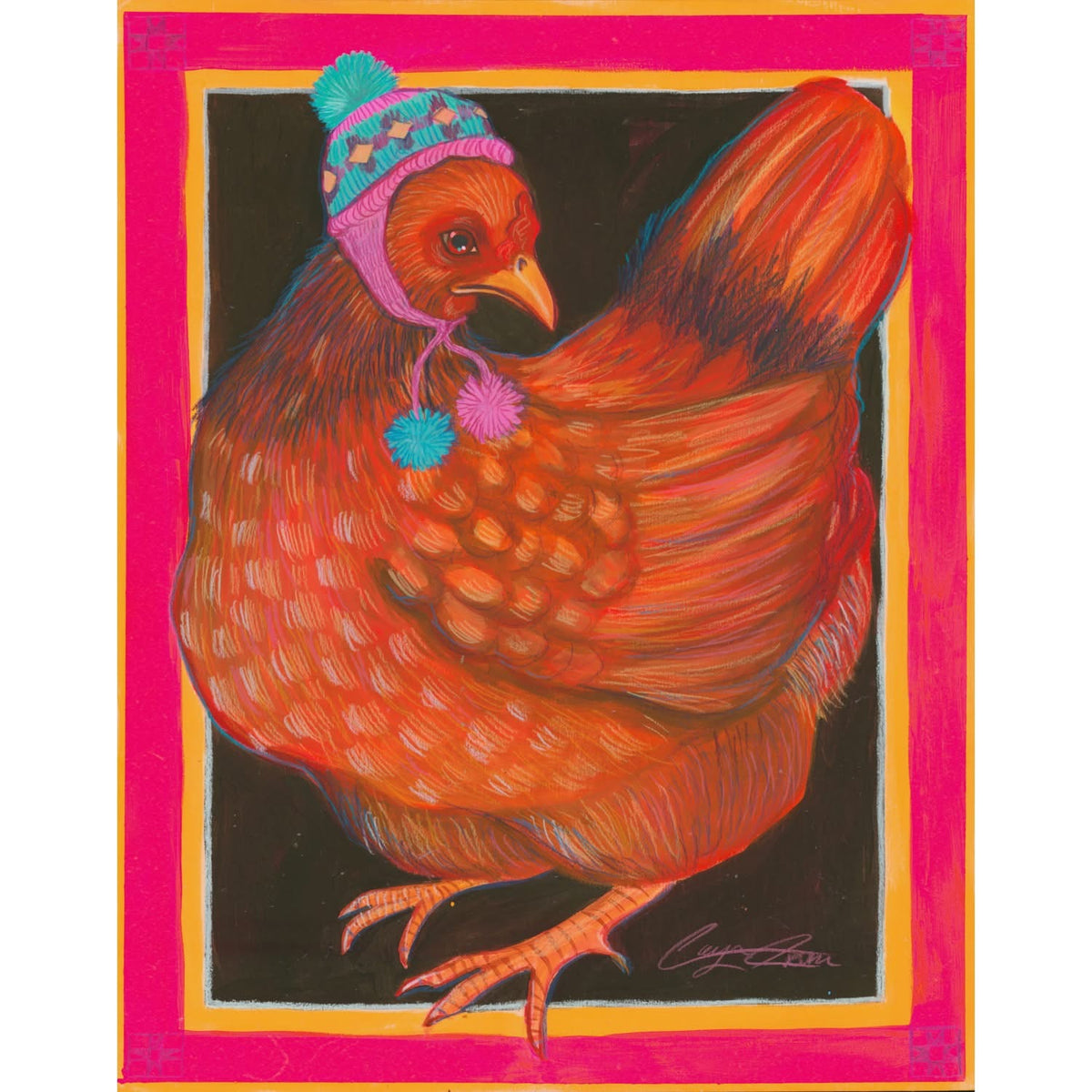 Little Red Hen original painting by Caya Crum — a red hen on a pink and patterned ground, 11 x 14 inches
