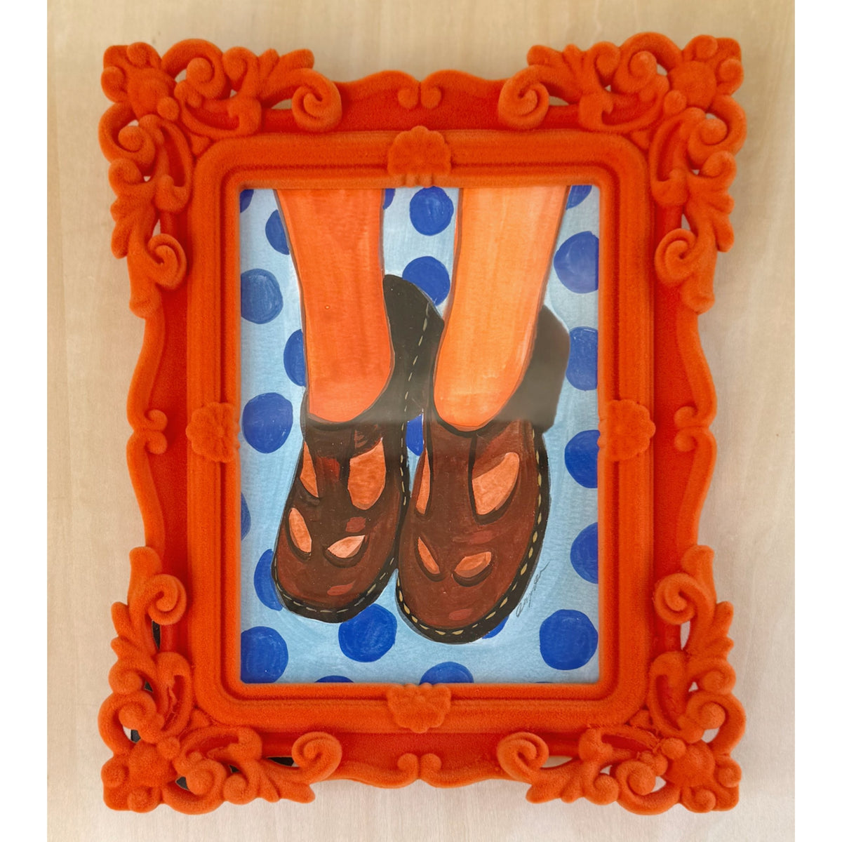 Mary Janes and Orange Socks, original 5 x 7 painting by Caya Crum in an orange flocked velvet frame