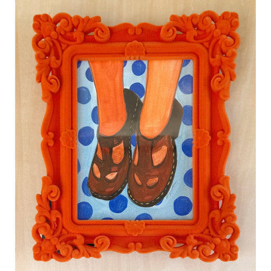Mary Janes and Orange Socks, original 5 x 7 painting by Caya Crum in an orange flocked velvet frame