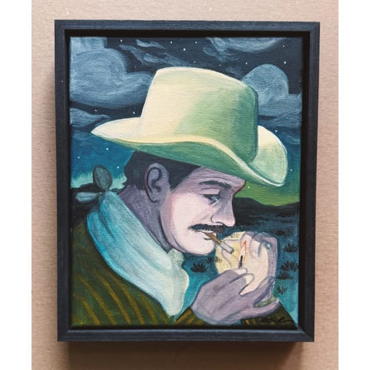 Midnight Smoker No. 1 original painting by Caya Crum — a cowboy in a pale hat lighting up at night, in a black wood frame, 8 x 10 inches
