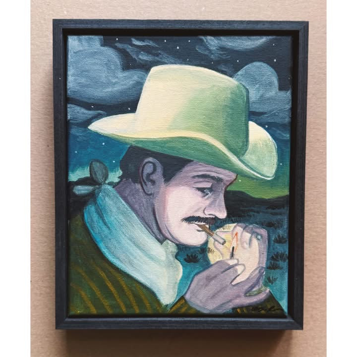 Midnight Smoker No. 1 original painting by Caya Crum — a cowboy in a pale hat lighting up at night, in a black wood frame, 8 x 10 inches