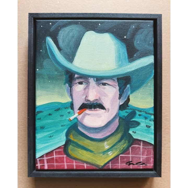 Midnight Smoker No. 2 original painting by Caya Crum — a mustached cowboy in a red plaid shirt at night, in a black wood frame, 8 x 10 inches