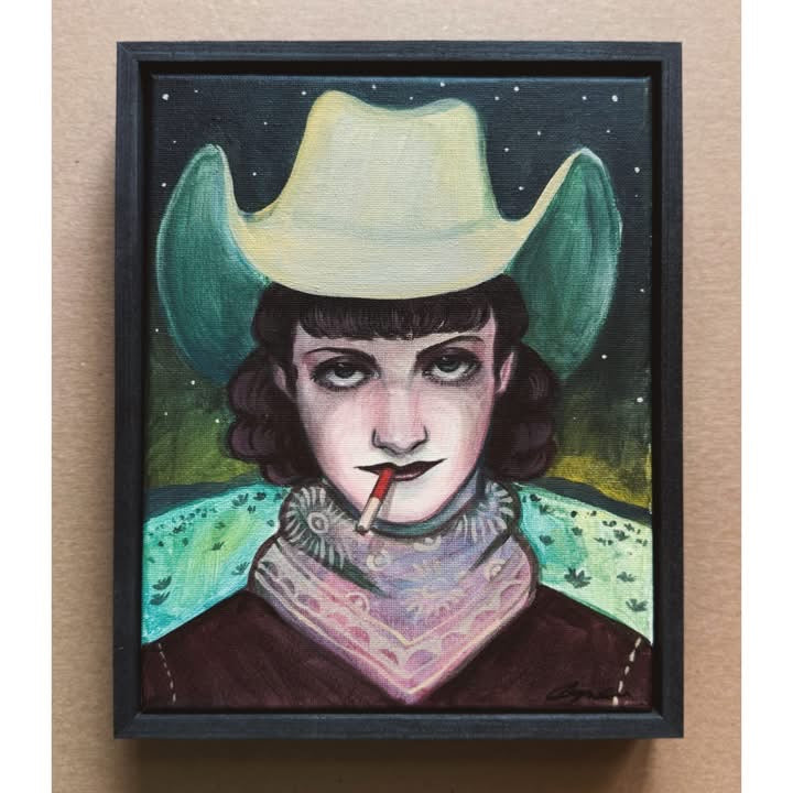 Midnight Smoker No. 3 original painting by Caya Crum — a cowgirl in a purple jacket and white hat at night, in a black wood frame, 8 x 10 inches