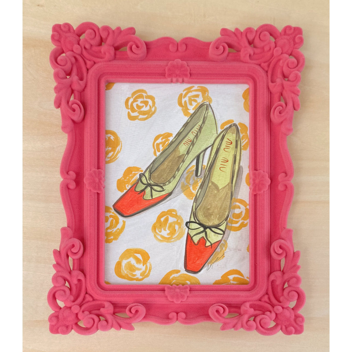 Pistachio Heels on Yellow Roses, original 5 x 7 painting by Caya Crum in a hot pink flocked velvet frame