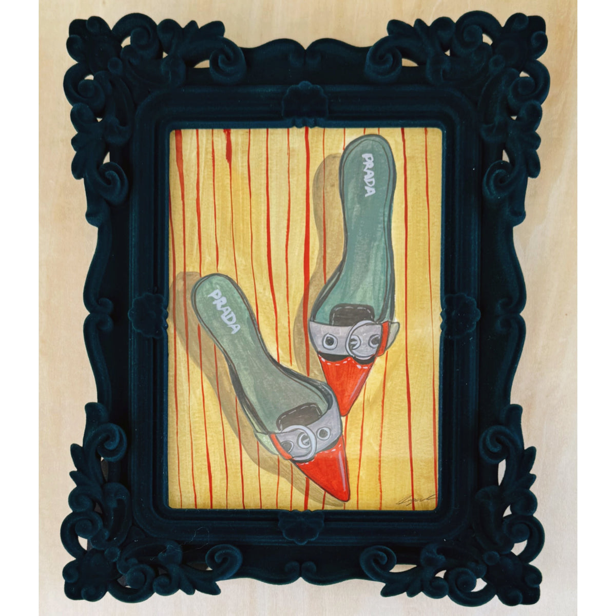Buckle Mules on Red Stripes, original 5 x 7 painting by Caya Crum in a black flocked velvet frame