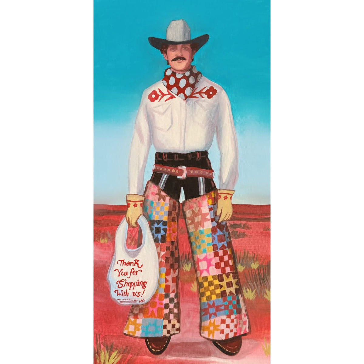 Quilted Cowboy original painting by Caya Crum — a cowboy in patchwork chaps on a tall canvas, 12 x 24 inches