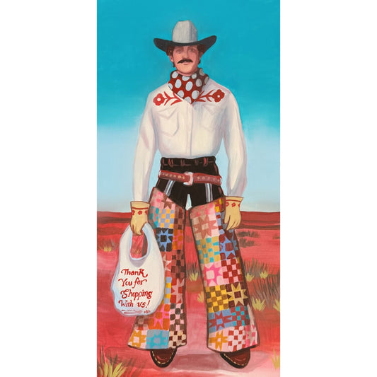 Quilted Cowboy original painting by Caya Crum — a cowboy in patchwork chaps on a tall canvas, 12 x 24 inches
