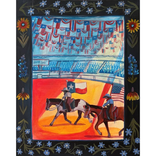 Showtime original painting by Caya Crum — a bull rider in the rodeo arena under the lights, with a patterned border, 16 x 20 inches