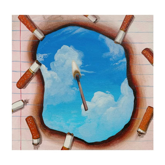 Suspended Flame original painting by Caya Crum — a lit match floating in a blue sky with clouds, framed by matchsticks, 12 x 12 inches