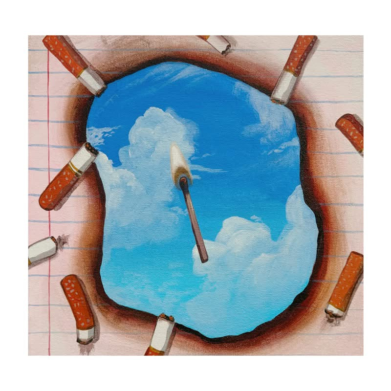 Suspended Flame original painting by Caya Crum — a lit match floating in a blue sky with clouds, framed by matchsticks, 12 x 12 inches