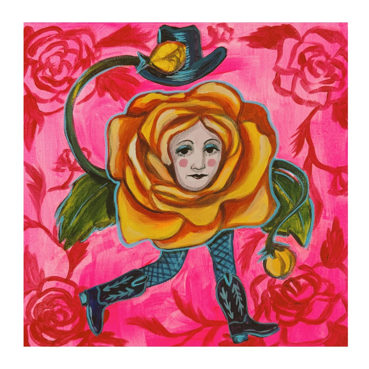 Little Yellow Rose of Texas original painting by Caya Crum — a yellow rose with a face on a ground of pink roses, 12 x 12 inches