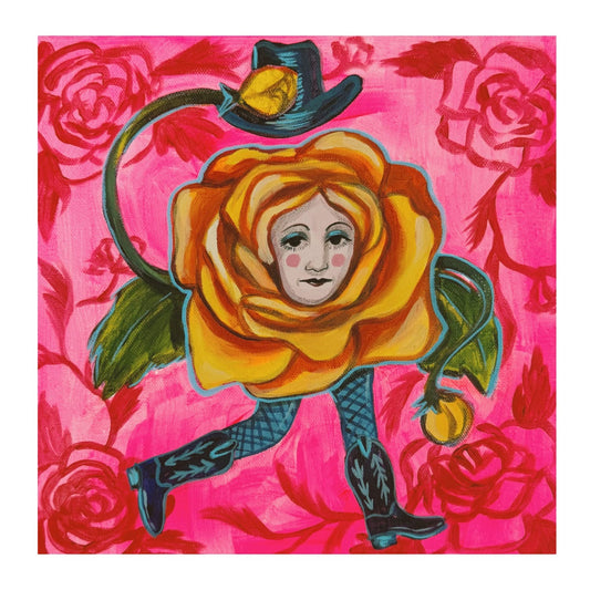 Little Yellow Rose of Texas original painting by Caya Crum — a yellow rose with a face on a ground of pink roses, 12 x 12 inches