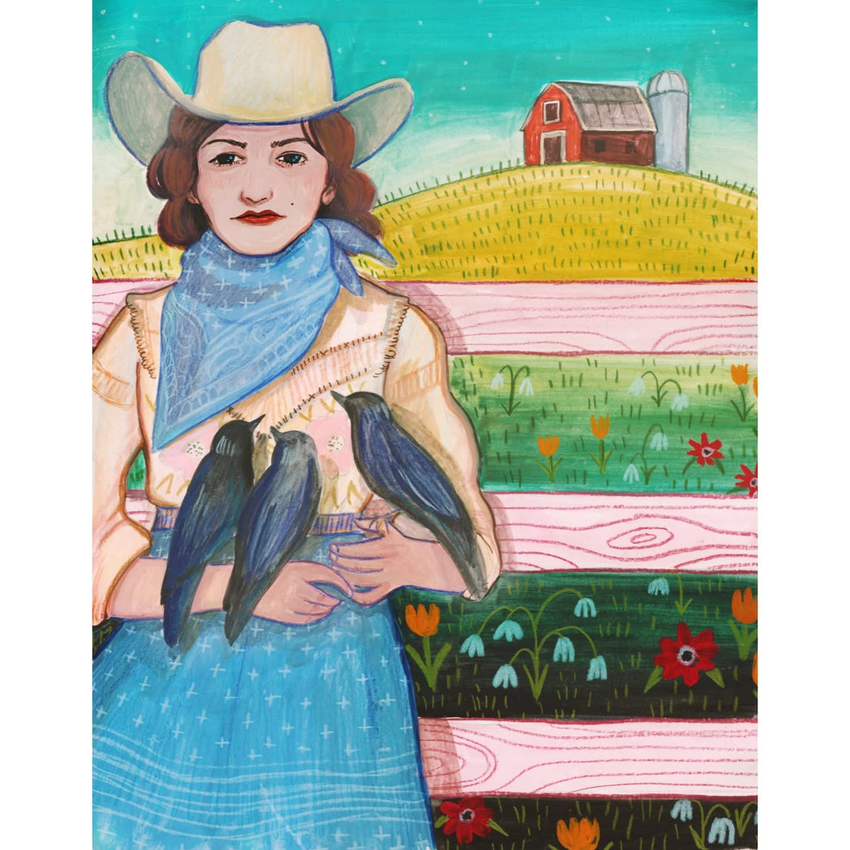 The Crow Keeper original gouache painting by Caya Crum — a cowgirl in a blue coat with a crow, patchwork fields behind her