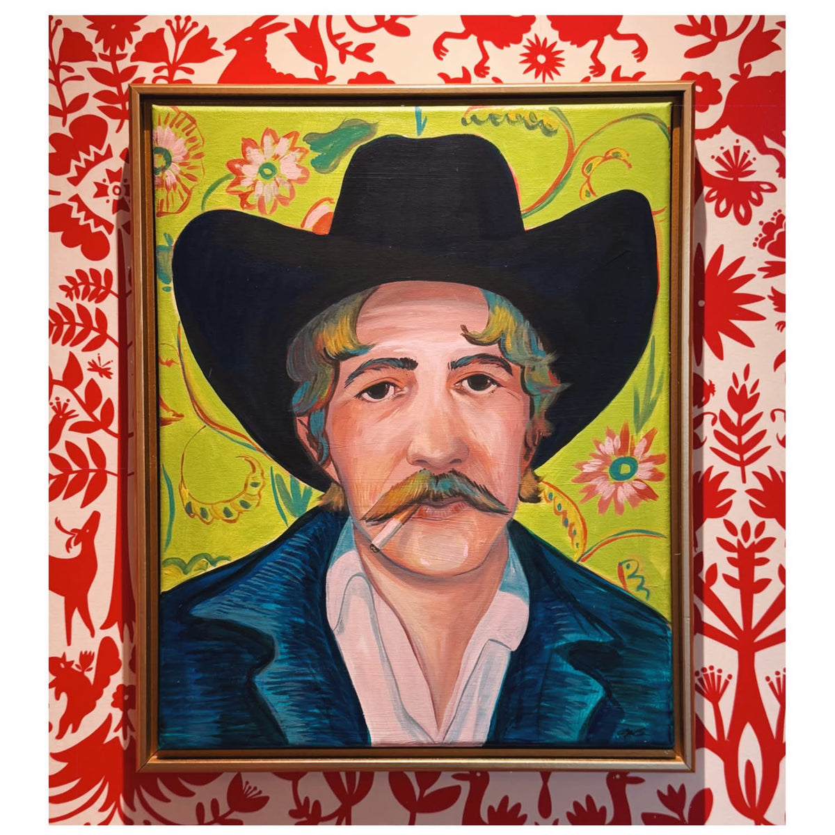 Van Gogh Cowboy original painting by Caya Crum — a mustached cowboy in a black hat against a patterned green ground, in a gold wood frame, 16 x 20 inches