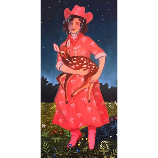 Wildflowers original painting by Caya Crum — a cowgirl in a pink dress with an armful of wildflowers and a fawn, 12 x 24 inches