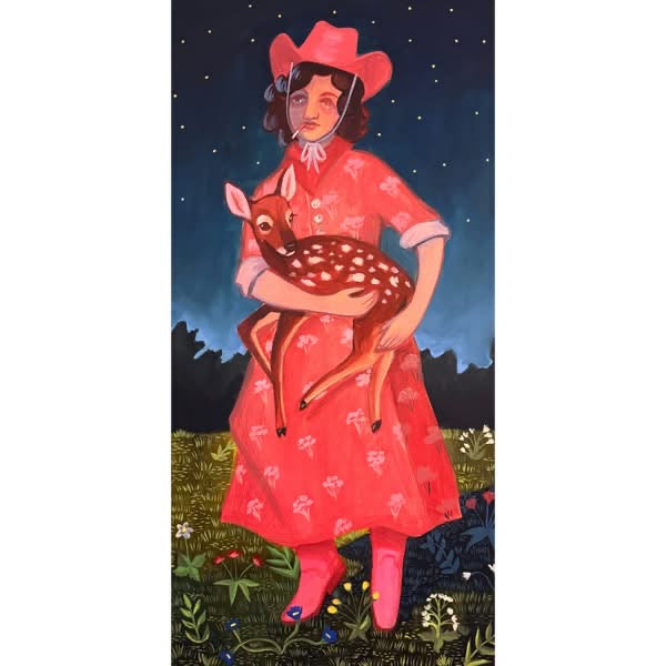 Wildflowers original painting by Caya Crum — a cowgirl in a pink dress with an armful of wildflowers and a fawn, 12 x 24 inches