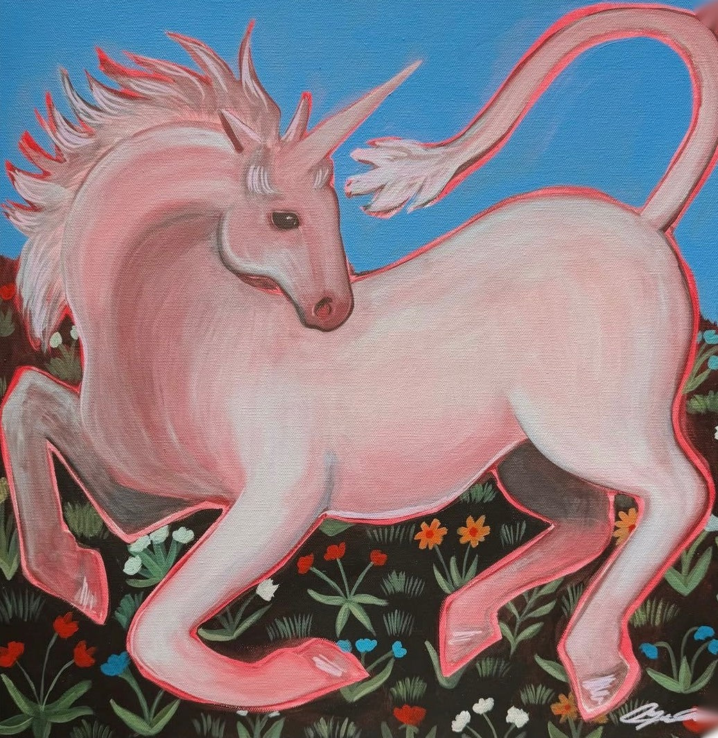 Pink Unicorn, original acrylic painting on canvas by Caya Crum — a pink unicorn on a black millefleur flower ground under a blue sky