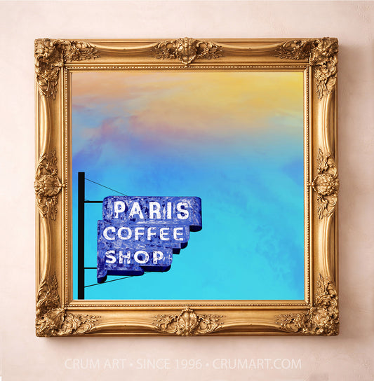 Paris Coffee Shop Print art print in a gold frame by Betsy Crum — square fort worth art from Crum Art, available at crumart.com. This museum quality print is made right here in Texas.
